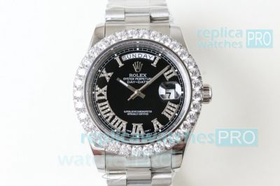 N9 Swiss Rolex Presidential Day-Date II Diamond Bezel Replica Watch SS Black Dial